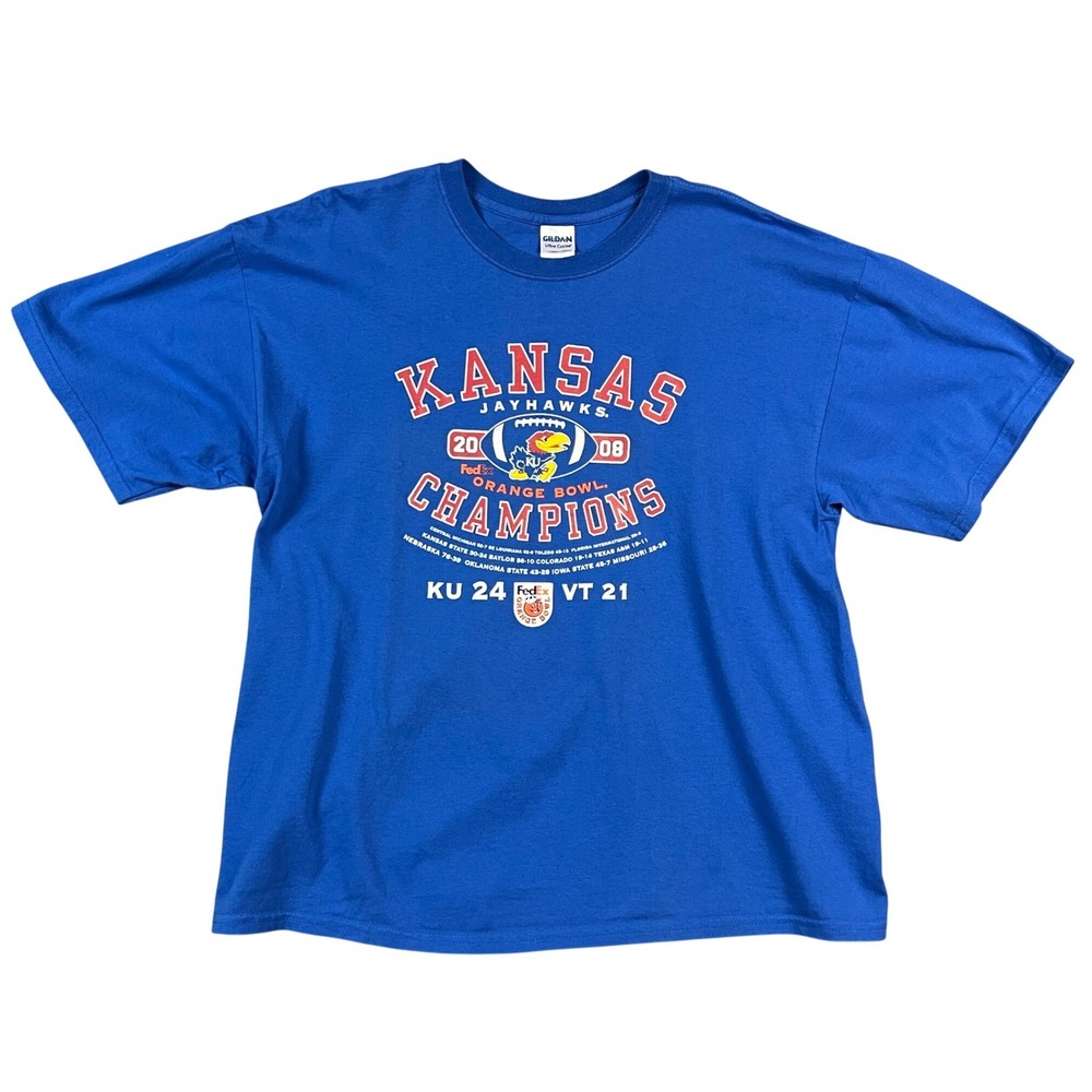 Gildan Kansas Jayhawks T-Shirt Mens XL Blue 2008 Orange Bowl Champions Graphic